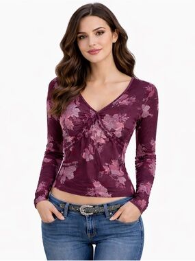 Y2K Burgundy Floral Long Sleeve Top